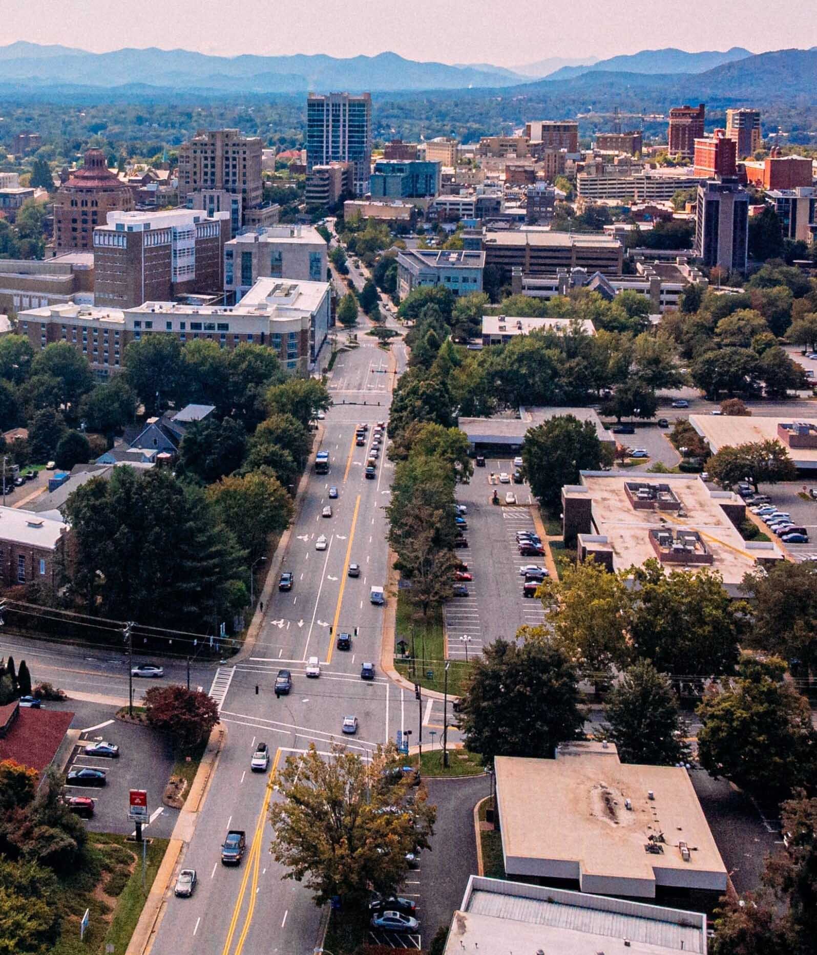 View of Asheville, North Carolina with mountains in background